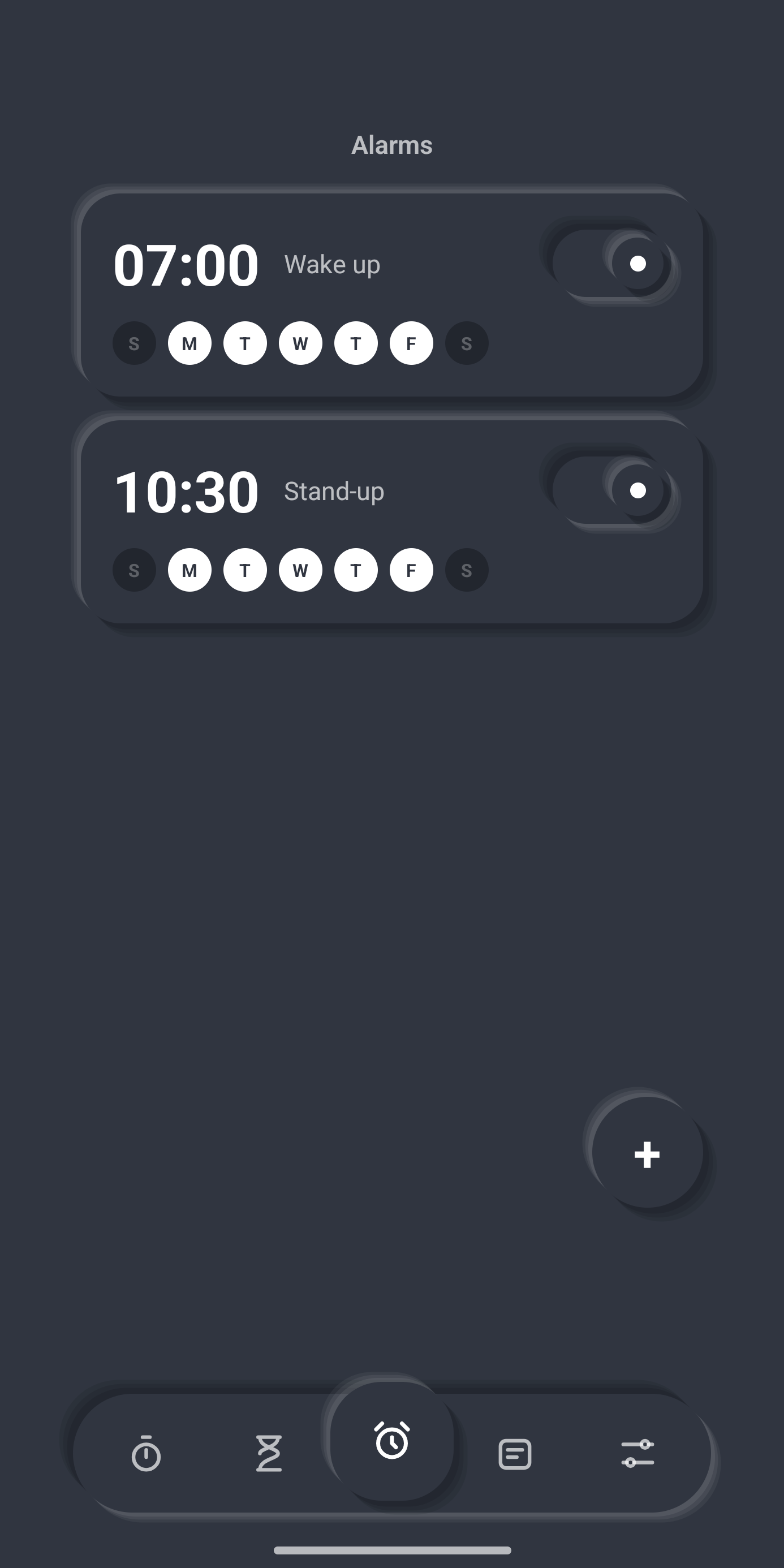 Alarm list with on/off switches