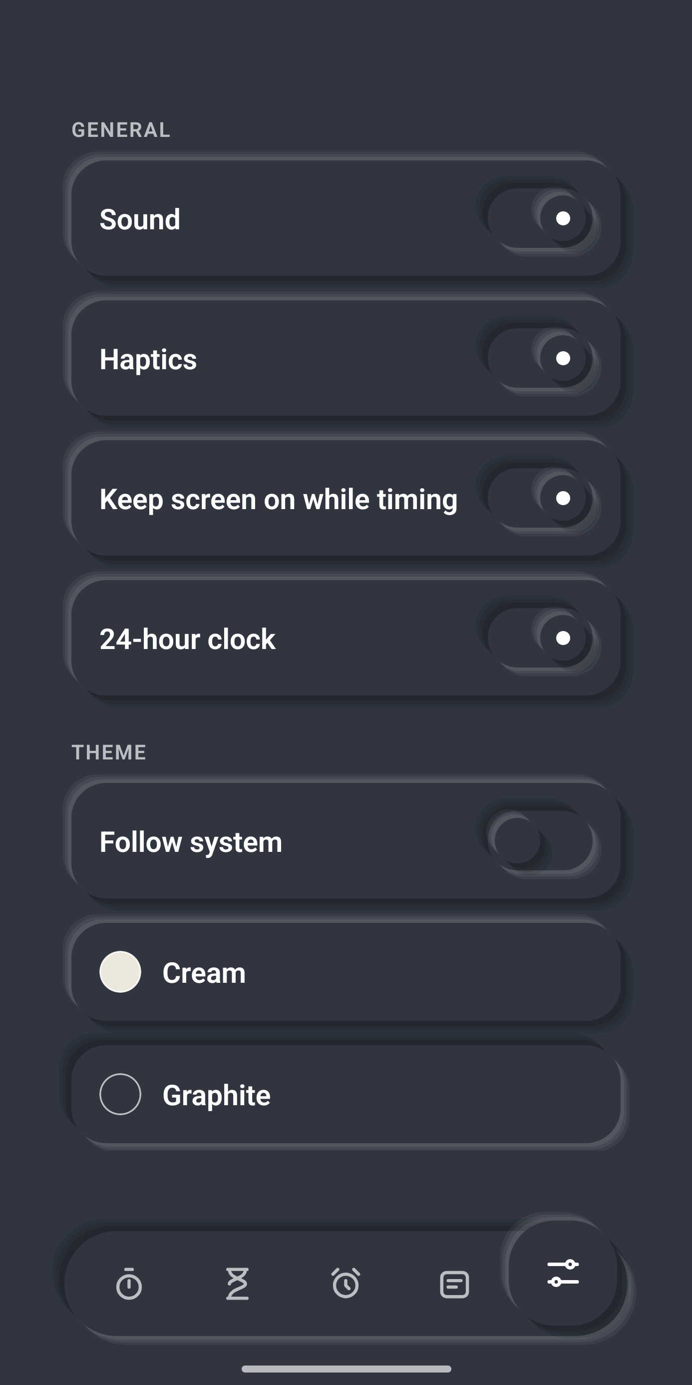 Settings with sound, haptics and theme